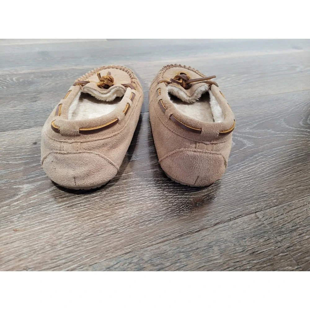 Minnetonka Cally Suede Faux Fur Lined Moccasin Slippers Tan Brown Size 2 Kids #5